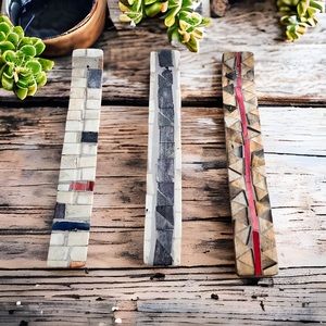 Handmade Set of 3 Mango Wood Mosaic Inlay Incense Holders Neutral Colours